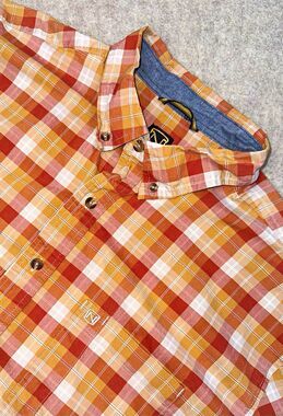 Noble Outfitters Men’s Plaid Short Sleeve Button Down Shirt Orange 2XT Stain